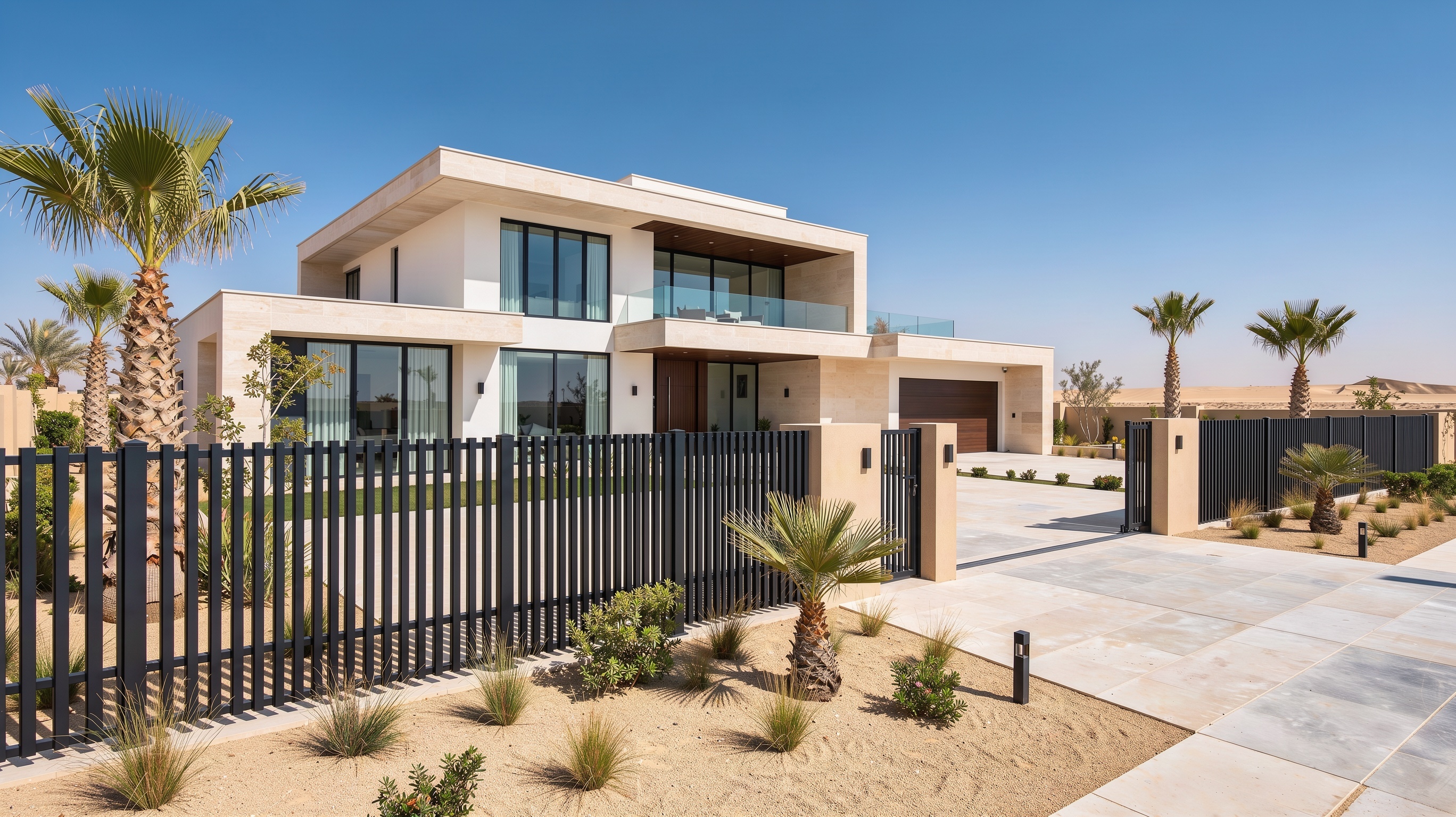 Modern aluminium slat fence installed around a villa in Dubai by Mahraj Fence